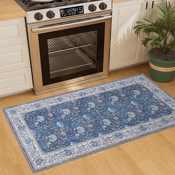 DUKINO 2x4 Rug, Washable Vintage Floral Entryway Rug Non Slip, Sky Blue | Low Pile, Non-Shedding, Stain Resistant Boho Lightweight Soft Indoor Carpet for Kitchen Bathroom Hallway Laundry Farmhouse