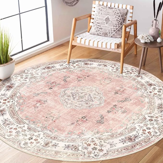 MUJOO Pink Round Rug 5ft,Circle Washable Area Rug Non Slip Low-Pile Floral | Circular Rugs for Bedroom Living Room Dining Room Bathroom Boho Throw Carpet Soft Floor Indoor Flowers Light Blush