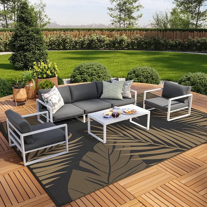 GENIMO Outdoor Rug, Waterproof Plastic Rugs 10'x14' for Camping Black Brown | Outside Larger Leaf Carpet Mat for Porch Decor, Deck, Camping, RV, Backyard, Balcony, Picnic, Beach, Reversible, Foldable