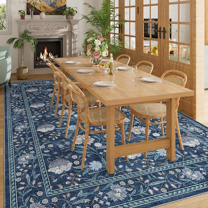 DUKINO 9x12 Area Rug for Living Room Vintage Floral Washable Rug, Dark Blue | Non Slip, Low Pile, Non-Shedding, Stain Resistant, Aesthetic Soft Indoor Large Carpet for Bedroom Dining Room Farmhouse