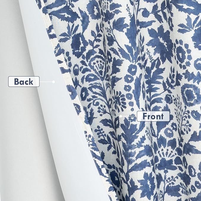 DriftAway Julia 100% Blackout Curtains Grommet 2 Panels, W52xL96, Navy | Floral Curtains, Bedroom, Living Room, Linen Blend, Watercolor Pattern, 2 Layers, Thermal Insulated, Window Treatment