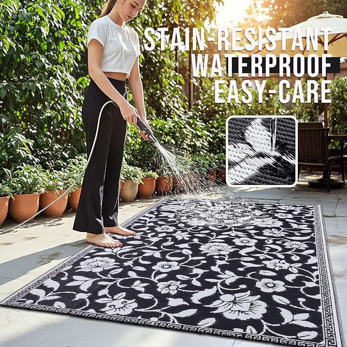 OLANLY Waterproof Outdoor Rug 4x6 ft, Outdoor Plastic Straw Rug with Flower Pattern, Reversible RV Mat for Patio, Camping, Balcony, Deck, Backyard, Black & White