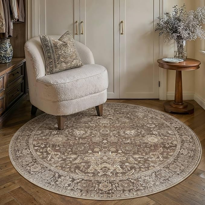 HUGEAR 4x4 Round Rugs Brown Washable Rug for Living Room Bedroom Large Neutral Vintage Rug Carpet Distressed Soft Durable Non Slip No Shedding for Indoor Dining Nursery Farmhouse
