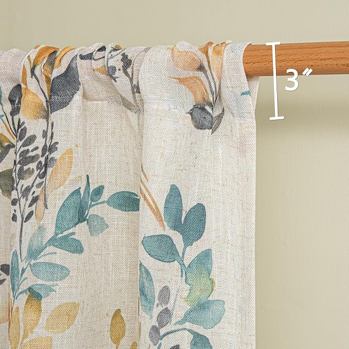 MYSKY HOME Linen Kitchen Tier Cafe Patterned Curtains 24 Inch Length 2 Panels Farmhouse Semi Sheer Privacy Small Window Treatments Rod Pocket for Bathroom Basement, Yellow and Blue, 30" Each Panel