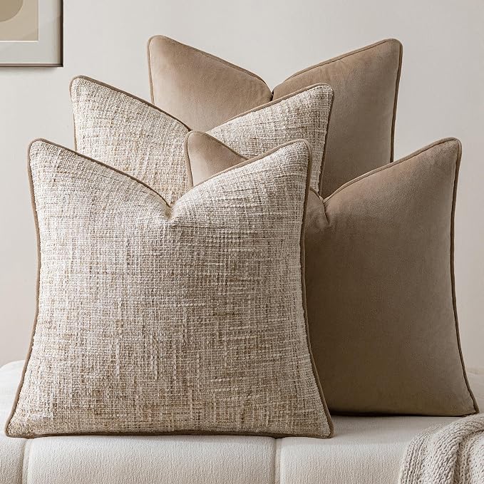 a moment Khaki 4 Pack Throw Pillow Covers - Chenille & Velvet Set with Piping, Farmhouse Textured Design Pillow Cases for Couch Sofa Bed Livingroom (22x22 Inch, No Insert)