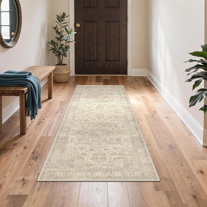 GENIMO 2x5 Washable Runner Rug Non Slip for Hallway, Beige Ivory | Vintage Floral Kitchen Runner, Stain Resistant, Low Pile and Lightweight for Entryway, Bedroom, Bathroom and Laundry Room