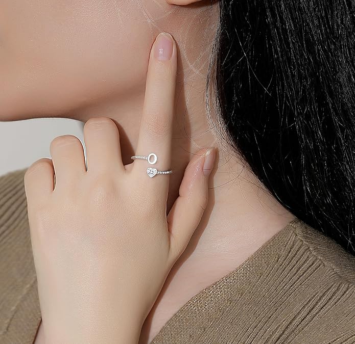 Step Forward 925 Sterling Silver Adjustable Initial Ring for Women | Non Tarnish Letter Rings for Lady | Alphabet Heart Thumb Rings | Capital Letter Jewelry Gifts