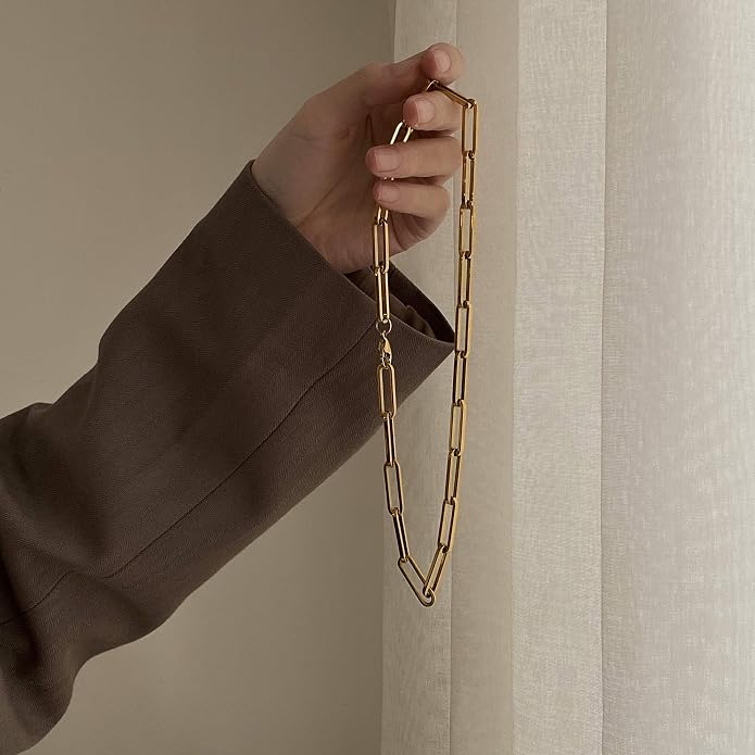 Shapes Studio 18K Gold Plated Titanium Thick Paperclip Chain Necklace, Minimalist Style, Bold Chunky Paper Clip Chain Necklace, Short Necklace, Never Tarnish