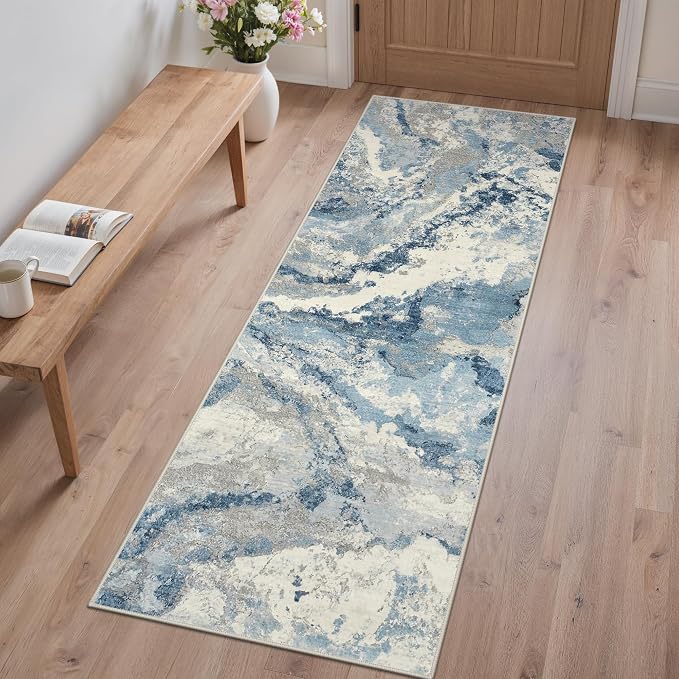 GENIMO Runner Rug Non Slip 2x6, Washable Rug Runner for Hallways Kitchen, Abstract Modern Kitchen Rugs, Low Pile Lightweight Carpet Runners for Entryway, Bedroom, Laundry, Blue Grey