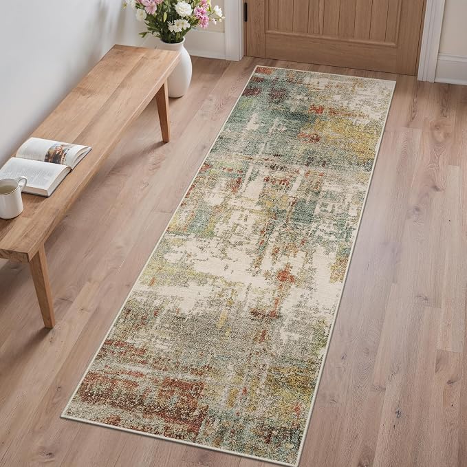 GENIMO Runner Rug Non Slip 2x6, Washable Rug Runner for Hallways Kitchen, Abstract Modern Kitchen Rugs, Low Pile Lightweight Carpet Runners for Entryway, Bedroom, Laundry, Rust Green