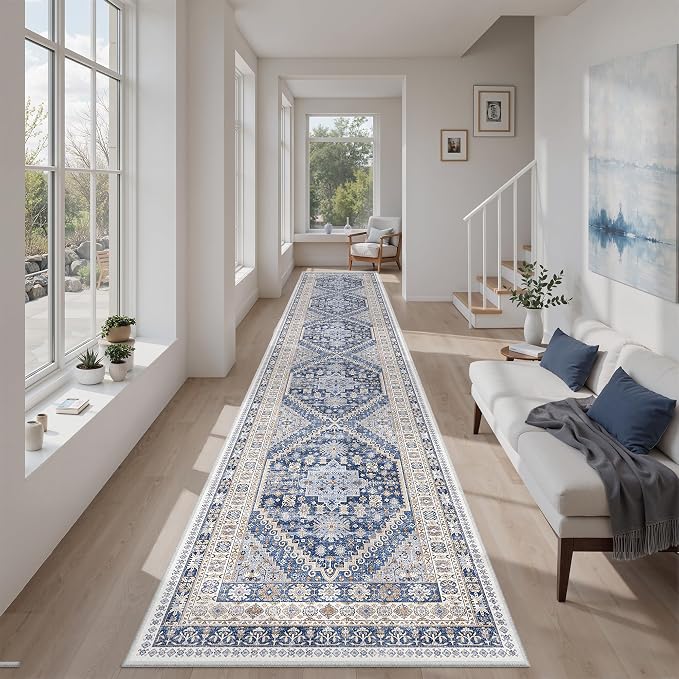 zesthome Long Hallway Runner Rug- Carpet Runners for Hallway 12ft, Anti Slip Backing Washable Rug Runner for Bathroom, Entrance, Living Room, Soft Low Pile Rug Runner(Blue/Beige,2'x12')