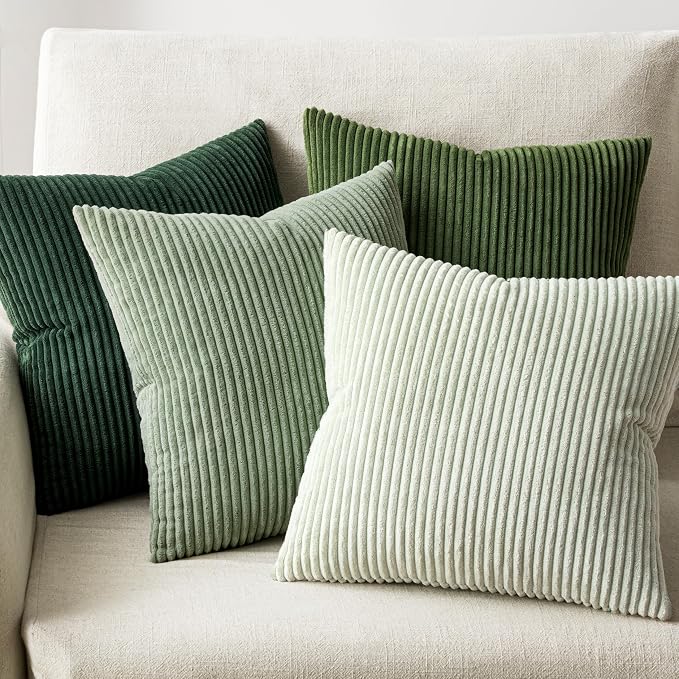 EMEMA Spring Green Decorative Throw Pillow Covers for Couch Bed Livingroom 18x18 Inch Set of 4 Boho Farmhouse Corduroy Striped Square Pillow Case,Western Modern Cushion Covers Home Decor