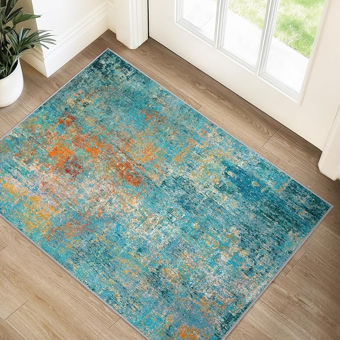 RELEANY Washable Area Rugs 2'x3' Non-Slip Modern Abstract Soft for Living Room Entryway Bedroom Kitchen, Print Pattern, Teal Blue Green Orange Rust Red Coloreful