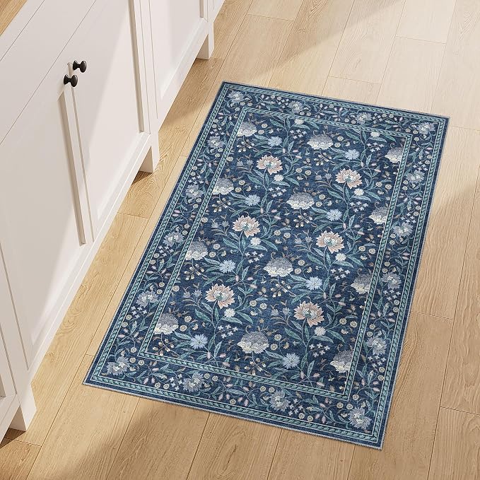 DUKINO 2x3 Rug, Washable Vintage Floral Bathroom Rugs Non Slip, Dark Blue | Low Pile, Stain Resistant Boho Soft Indoor Door Mat, Small Front Door Carpet for Entryway Kitchen Laundry Bedroom Farmhouse
