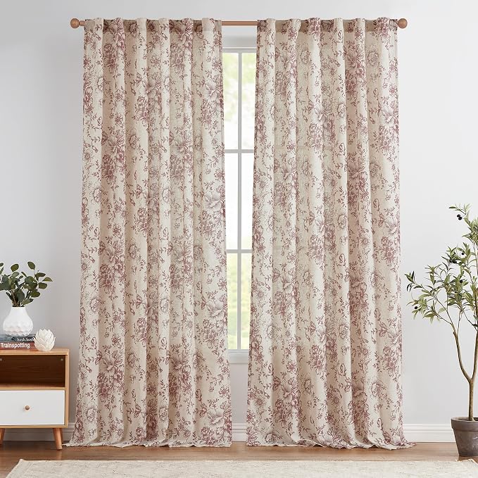 jinchan Red Floral Linen Curtains 96 Inch Farmhouse Back Tab 2 Panels | Light filtering drapes, semi sheer, farmhouse, cottagecore, rustic, living room, bedroom, rod pocket, window treatment