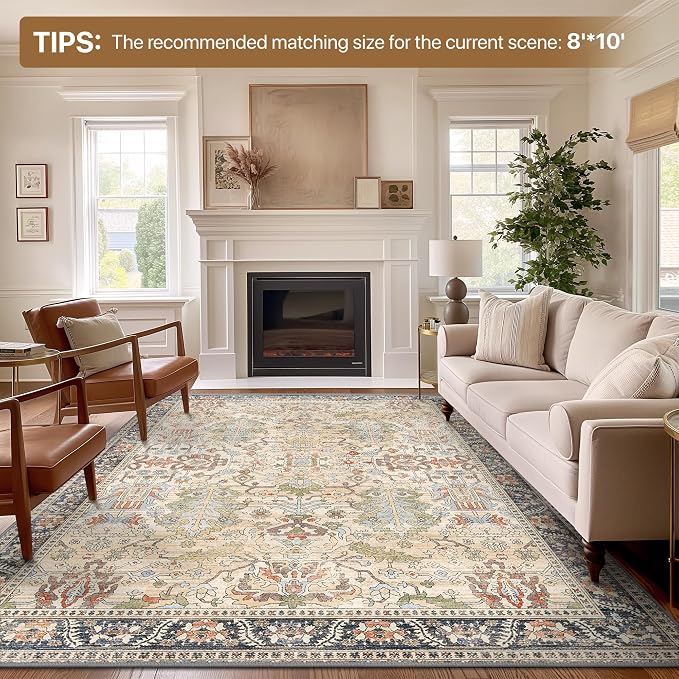 Bavni Washable Area Rugs 8'x10' Clearance for Living Room Boho Tumble Vintage Large Carpet Farmhouse Non Slip Thin Distressed Rug for Bedroom Dinning Room, Ivory Beige Blue Multi