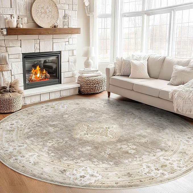 MUJOO Beige Round Rug 9ft,Circle Washable Area Rug Non Slip Low-Pile Floral | Large Circular Rugs for Living Room Bedroom Dining Room Boho Throw Carpet Soft Floor Indoor Vintage Bohemian Flowers