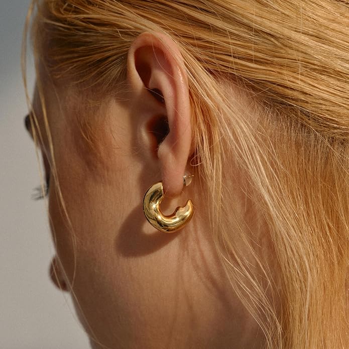 18K Gold Plated Chunky Hoop Earrings, Gold Hoop Earrings for Women Thick Open Hoops, Lightweight Hollow Hoops Earring for Women Hypoallergenic Jewelry Gifts