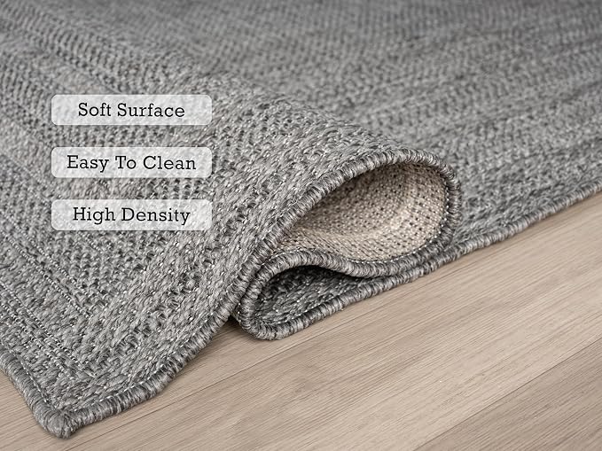 Berry Easy Jute Indoor Outdoor Rug, 4x6 Neutral Bordered Jute Look, Weather Resistant, Easy Care, Lightweight Outdoor Farmhouse Carpet for Patio, Porch, Living Room (4' x 6', Gray)