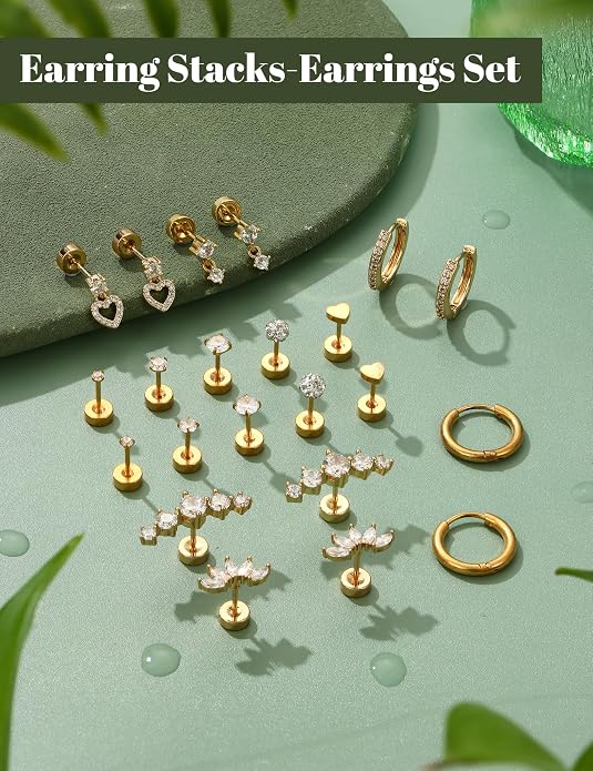 LOLIAS Hypoallergenic Flat Back Earrings for Women Cartilage Earrings Stacks-20G Surgical Stainless Steel Flatback Stud Hoop Earring Set Daith Conch Tragus Helix Piercing Jewelry