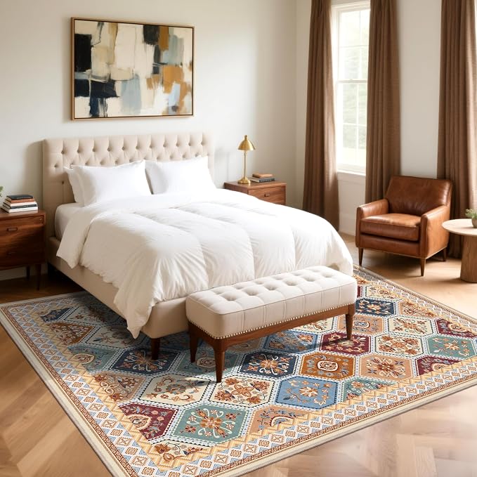 Area Rugs 9x12 Living Room, Soft Non-Slip Vintage Boho Moroccan Rug, Low-Pile Printed Washable Area Rugs Carpet for Living Room, Bedroom, Dining Room -Multi | Soft Low-Pile Printed Washable Area Rugs Carpet for Living Room, Bedroom, Dining Room - Multi