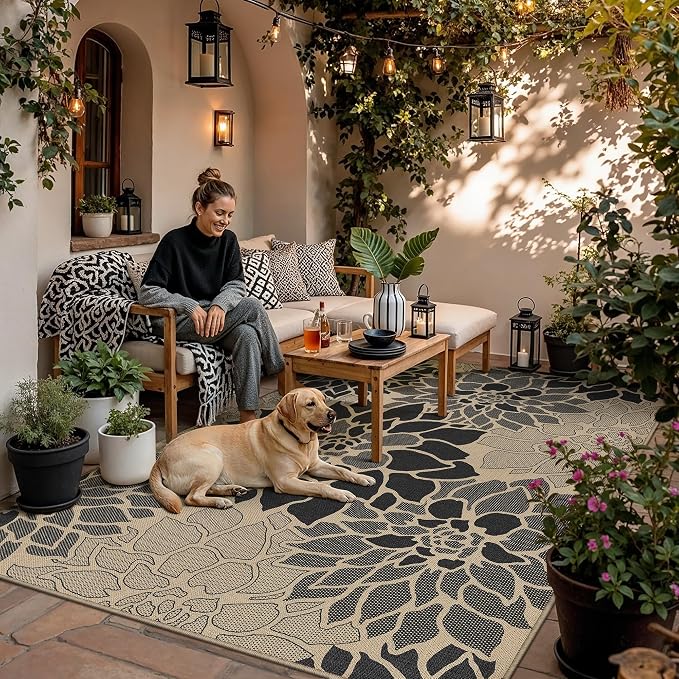 PureCozy 5x7 Easy Jute Outdoor Rug Black Floral Textured Indoor Outdoor Area Rug Farmhouse Patio Carpet for Backyard, Patio, Porch, Easy-Cleaning, High Traffic, Pet-Friendly, Non-Shedding