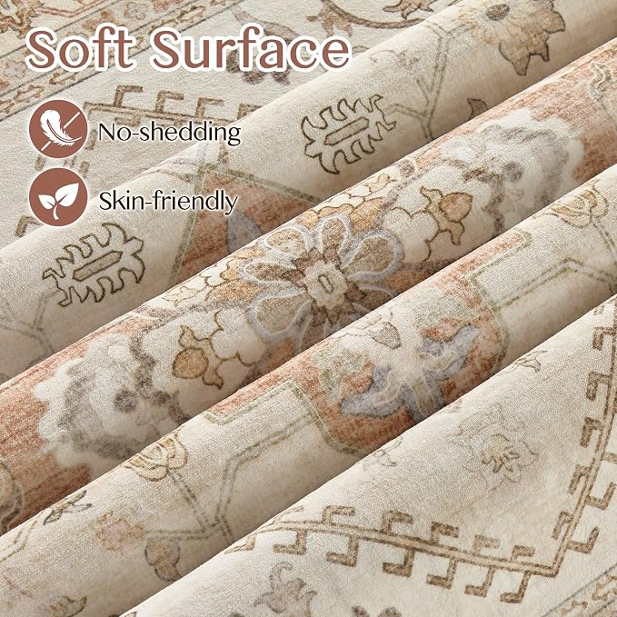 Tortania Area Rug Living Room Rugs - 8x10 Washable Boho Rug Vintage Oriental Distressed Farmhouse Large Thin Indoor Carpet for Living Room Bedroom Under Dining Table Home Office - Rust/Cream