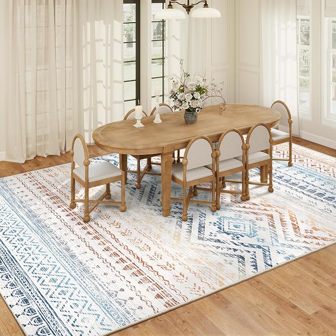 Miukiki 8x10 Area Rug for Living Room Moroccan Washable Rugs Non Slip Indoor Floor Carpet Foldable Large Soft Area Rug for Dining Room Bedroom with Low Pile(Colorful,8'x10')