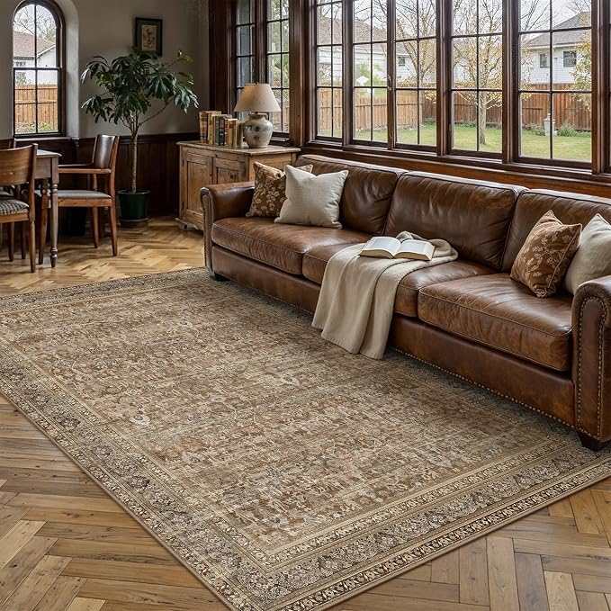 6x9 Brown Neutral Retro Area Rug | Washable, Low Pile, Floral, Soft, Non Slip, Carpet for Living Room Bedroom Dining Room Nursery Office Indoor Home Decor