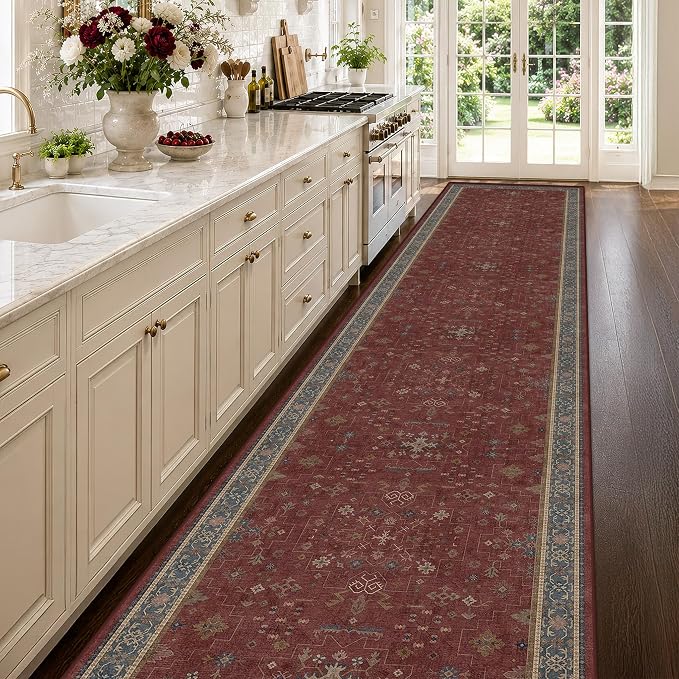 Large Burgundy 3x12 Long Runner Rug for Hallway - Washable Kitchen Rug, Low Pile Thin Carpet for Bedroom Bedside, Foyer, Non Slip Unique Bohemian Red Décor