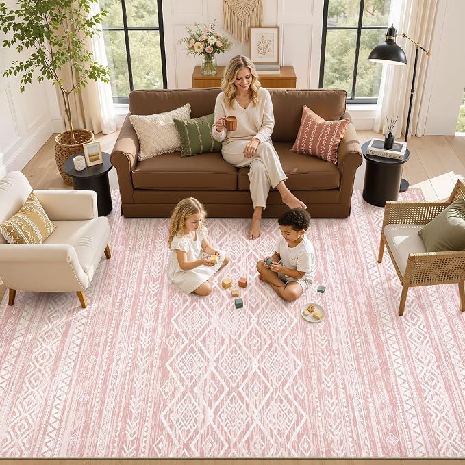 Nakagishi Area Rug Living Room Rugs: 10x12 Large Soft Machine Washable Boho Moroccan FarmNeutral Stain Resistant Indoor Floor Carpet for Bedroom Under Dining Table Home Office Decor-Pink
