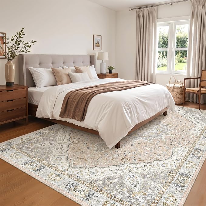 befbee 5x7 Area Rugs for Living Room,Stain Resistant Washable Rug,Non-Slip Backing Rugs for Bedroom,Kitchen,Printed Vintage Home Decor Rug (Peach/Gray, 5'x7')