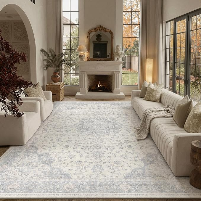 PureCozy 9x12 Area Rug Washable Neutral Gray Vintage Floral | Non Slip, Soft Low Pile, Indoor Carpet for Living Room, Bedroom, Dining Room, Farmhouse Decor