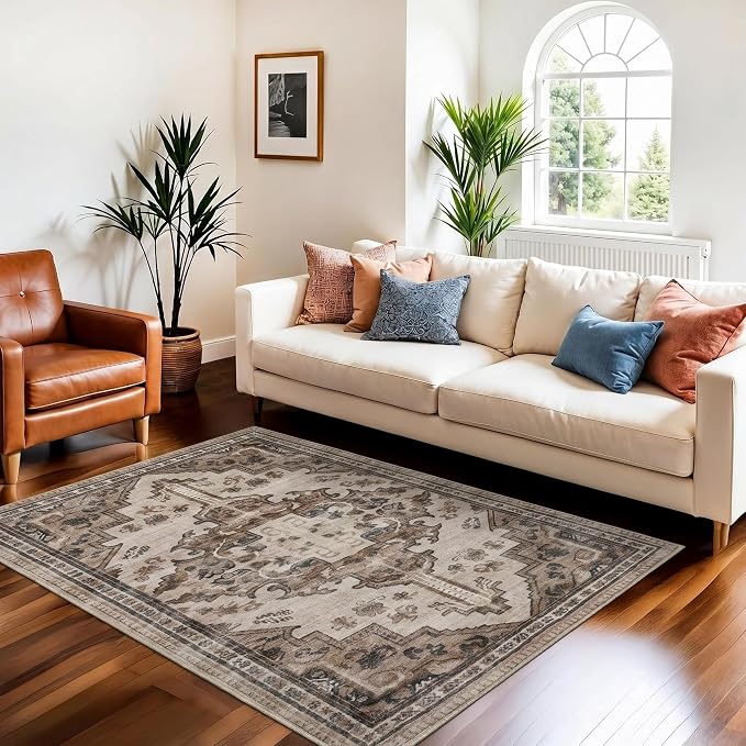 Joydeco 3x5 Area Rugs Vintage for Living Room, Light Coffee | Non Slip Machine Washable Low Pile for Living Room Bedroom Dining Room Home Office Pet & Child Friendly