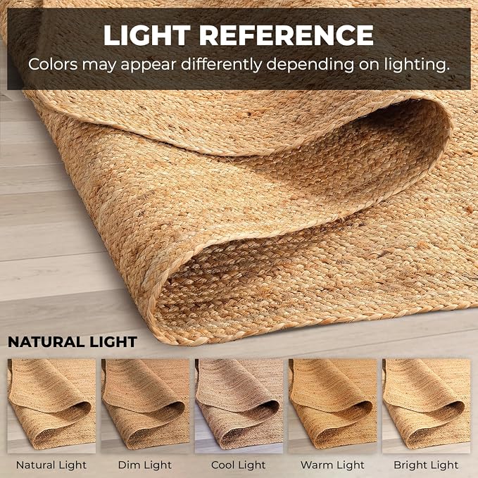 GRUHUM Jute Area Rug 10ft Natural Fiber Round Boho Handwoven Soft Braided Reversible Rustic Vintage Rugs for Farmhouse Indoor Eco-Friendly Kitchen Bedroom Living Room Hallways Enterways (10 ft Circle)