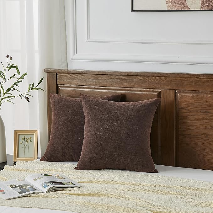 GAWAMAY Decorative Square Throw Pillow Covers 22x22 Inch Set of 2, Super Soft Chenille Pillows Farmhouse Fall Pillowcase for Living Room Bedroom Sofa Couch Cushion Cover Coffee 55x55cm (No Inserts)