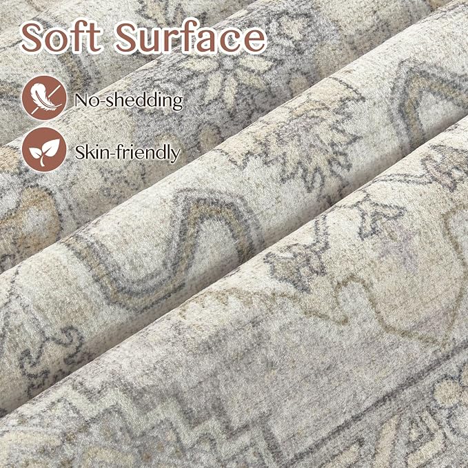 Tortania Area Rug 2x3 Doormat - Washable Vintage Oriental Farmhouse Soft Thin Indoor Carpet for Living Room Bedroom Hallway Entryway Kitchen - Beige Linen