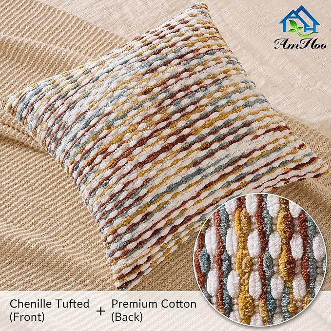 AmHoo Set of 2 Boho Chenille Pillow Cover Decorative Tufted Pillowcase for Couch Bed Sofa Bedroom Living Room Modern 20 x 20-Inch Brown