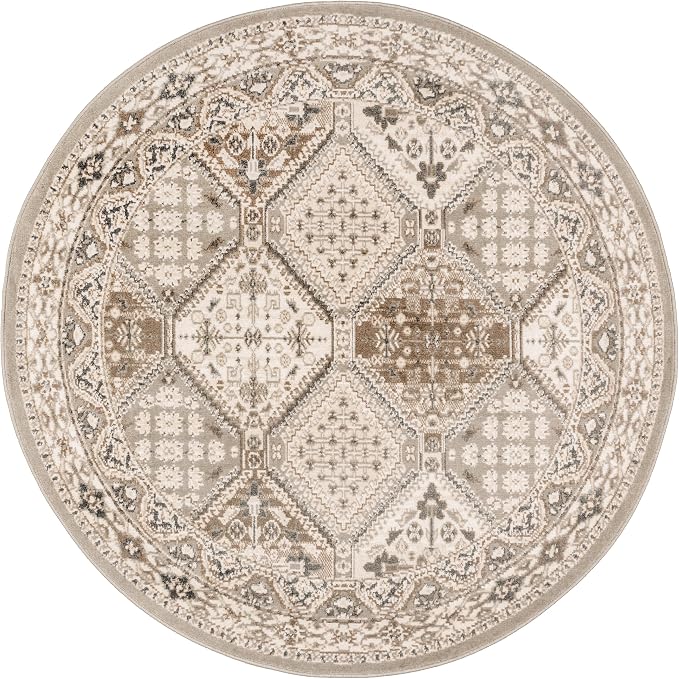 nuLOOM 6 Round Becca Traditional Tiled Area Rug, Taupe, Faded Transitional Design, Stain Resistant, For Bedroom, Dining Room, Living Room, Hallway, Office, Kitchen, Entryway
