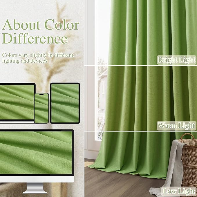 Guken 100% Blackout Curtains 120 Inch Length 2 Panels Set for Living Room Bedroom Back Tab Thermal Insulated Black Out Linen Drapes Room Darkening Lime Green,52x120