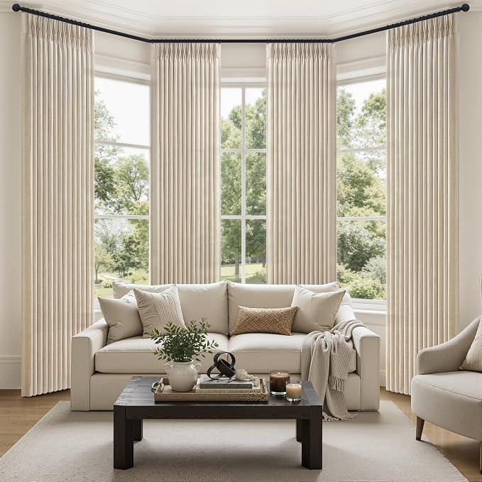 Thick Natural Linen Blend High Ceiling Sliding Door Curtains 102 Inches Long 4 Panels Set, Memory Trained Pleated Semi Sheer Light Filtering Privacy Luxury Window Drapes for Living Room with Back Tab