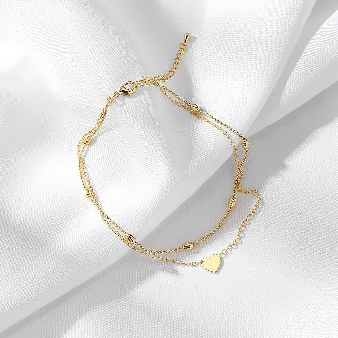 Pencros Dainty Layered Anklet,14K Gold Filled Cute Beads Satellite Chain Heart Boho Adjustable Anklets for Women