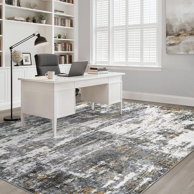 5x7 Area Rugs Living Room: Washable Large Neutral Rug Abstract Soft Modern Stain Resistant Indoor Floor Non-Slip Carpet for Bedroom Nursery Kids Office Playroom Dining Room- Black White Gold