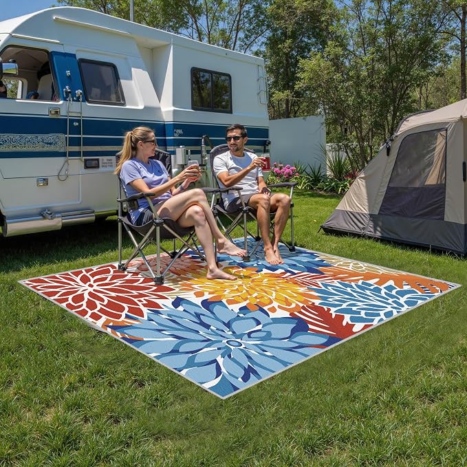 Colorful 8x10 Outdoor Area Rug Washable Multicolored Patio Rug Tropical Botanical Floral Chenille Waterproof Outdoor Carpet Non-Slip for Deck, Backyard, Porch, Vivid Dahlia