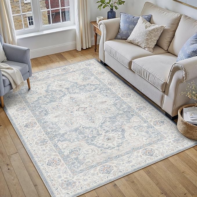 HUGEAR Blue 3x5 Washable Area Rugs Vintage Indoor Carpet | Living Room Rug,Bedroom,Dining Room,Office,Farmhouse,Non-Shedding,Non Slip,Low Pile,Soft