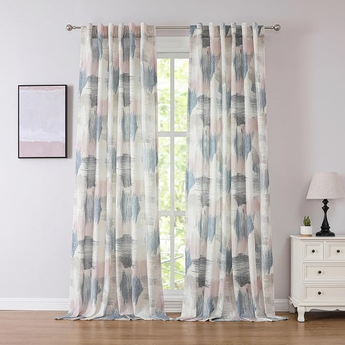 Kayne Studio Boho Abstract Semi Sheer Colorful Curtains,Blue Pink Watercolor Ink Print Light Filtering Farmhouse Curtains for Living Room and Bedroom, Back Tab Rod Pocket Drapes,W52 x L95,2 Panels