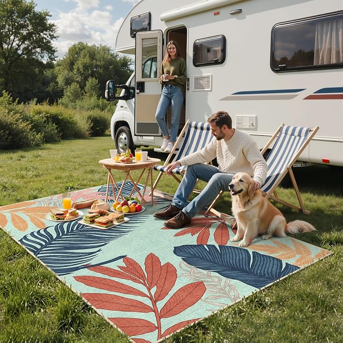 GENIMO 5x8 Outdoor Rug, Washable for Patio and Deck, Navy Sage | Botanical leaf design for porch; fade resistant chenille with quick-dry non-slip backing for indoor sunroom.
