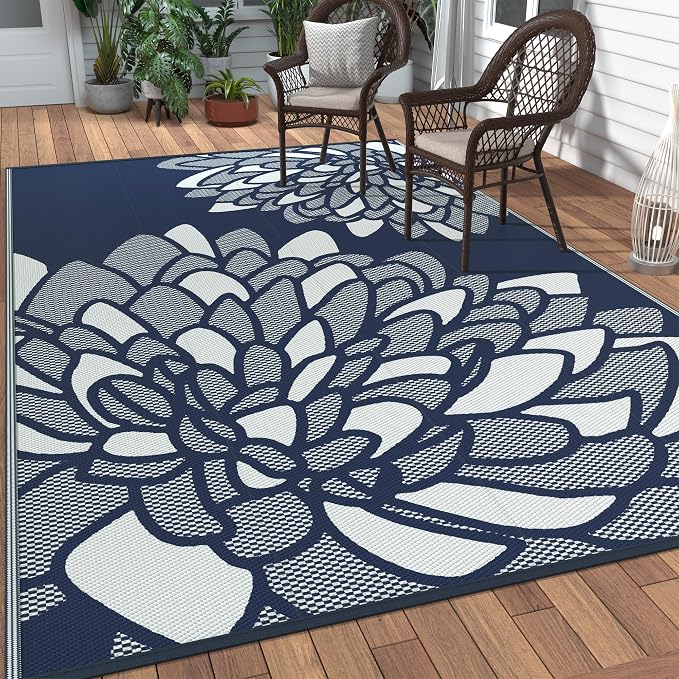 GENIMO Outdoor Rug, Waterproof Plastic Rugs for Patio, 6'x9' Indigo White | Outside Larger Leaf Carpet Mat for Porch Decor, Deck, Balcony, Camping, RV, Backyard, Picnic, Beach, Reversible, Foldable