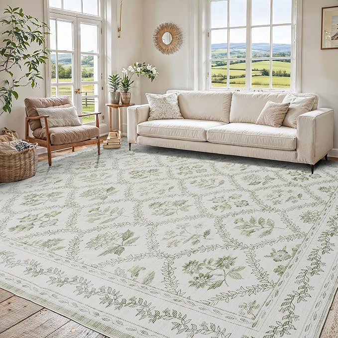Sage Green Rugs for Bedroom 6x9 Area Rug for Living Room Machine Washable Light Green Cream Beige Printed Non-Slip Vintage Floral Distressed Indoor Boho Farmhouse Carpet for Dining Room Home