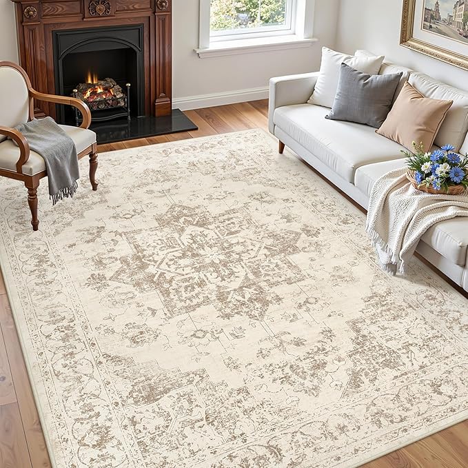 4x6 Area Rugs for Living Room: Vintage Boho Neutral Washable Rug Indoor Soft Large Area Rug Carpet for Bedroom Nursery Farmhouse Dining Room Office Floor Non-Slip Low Pile Under Table Rug Beige/Ivory